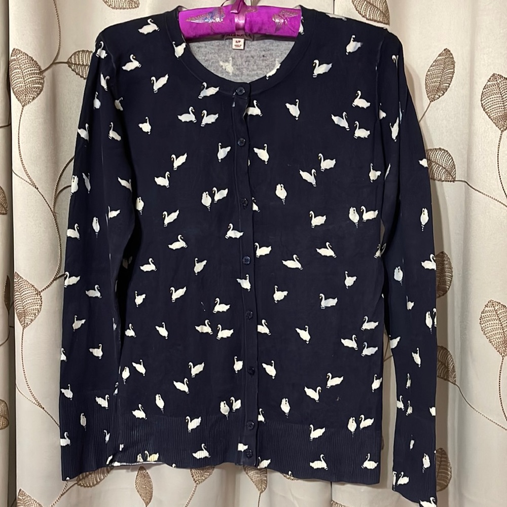 Merona navy-colored cardigan with swan print.